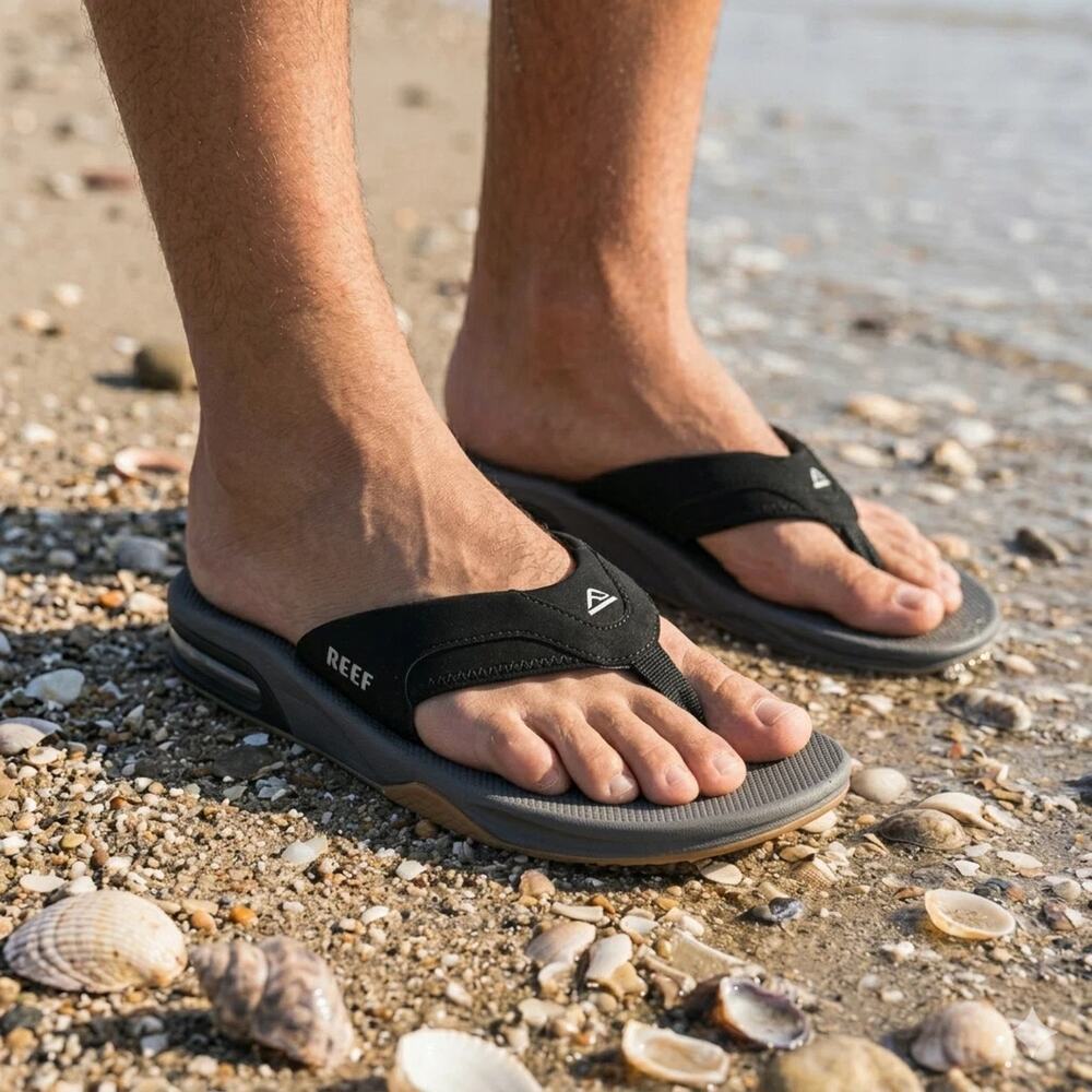 NWT Reef Fanning Flip Flops Bottle Opener Sandals Black/Silver Men's Size 16 - Picture 2 of 9